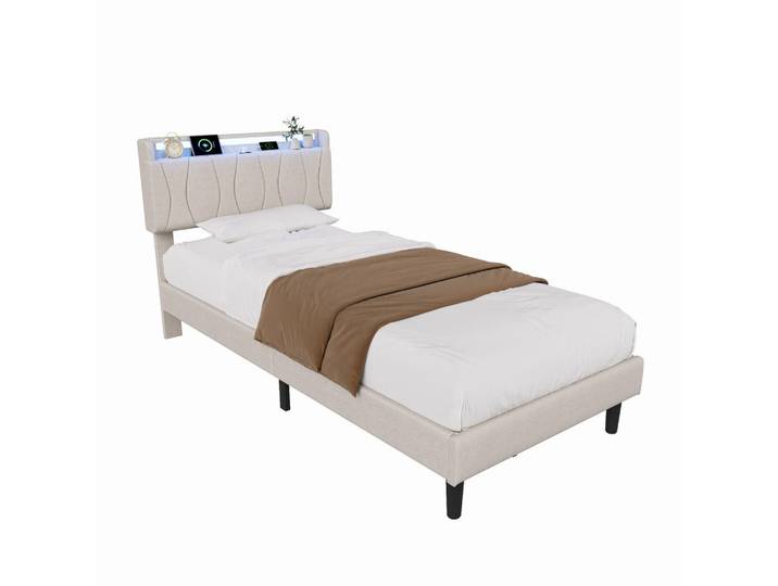 Shopentra Einzelbett 90x200 cm mit Led, Usb-C, Leinenbezug und Lattenrost, Beige, Holz, 90x200 cm, Schlafzimmer, Betten, Polsterbetten