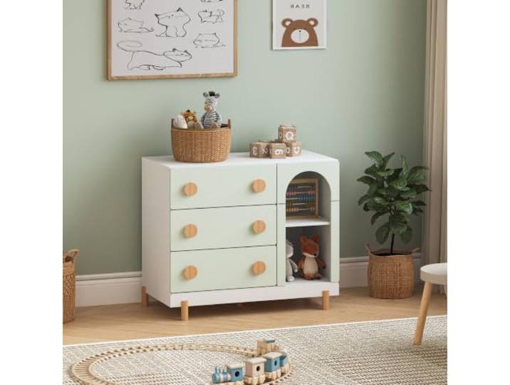 [en.casa] Kommode Kinderzimmer Vaarentaa 79x41x66 cm Mintgrün Kinderkommode mit 3 Schubladen, 2 Fächer, Schubladenschrank, Aufbewahrung Kinderzimmer, Kinderschrank, Stauraum, Holzbeine