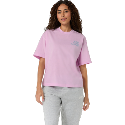 Laufshirt ASICS "RUNNER MESSAGE GRAPHIC RELAXED TEE", Damen, Gr. M, rosa (hazy lila), Obermaterial: 60% Baumwolle, 40% Polyester, Shirts Laufshirt, mit Start Running auf Vorder- und Rückseite