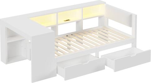 Plattformbett Ohne Matratze Weiss 90x200 cm Holz Mit Ablageflaechen Schubladen Ladestation Gepolstertem Kopfteil LED-Leuchten Jugendbett Kinderbett