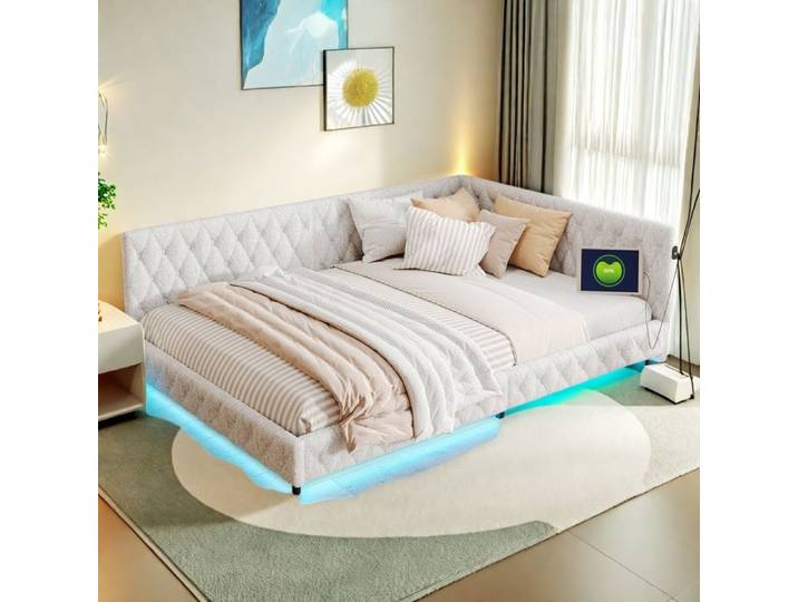 Lit 140x200 cm LED cadre de lit avec sommier beige teddy fleece