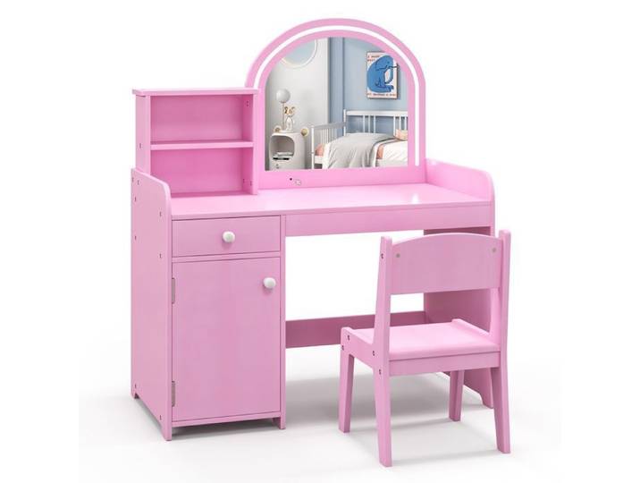 Coiffeuse pour Enfants DREAMADE avec Chaise et Miroir Eclairé par LED 2 Couleurs Etagères de Rangement Tiroir Rose