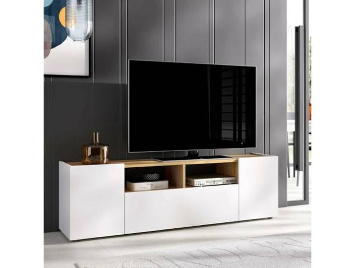 Dmora - TV-Schrank Etna, niedriges Sideboard für Wohnzimmer, TV-Sideboard für Wohnzimmer, 142x35h44 cm, Weiß und Eiche Nodi