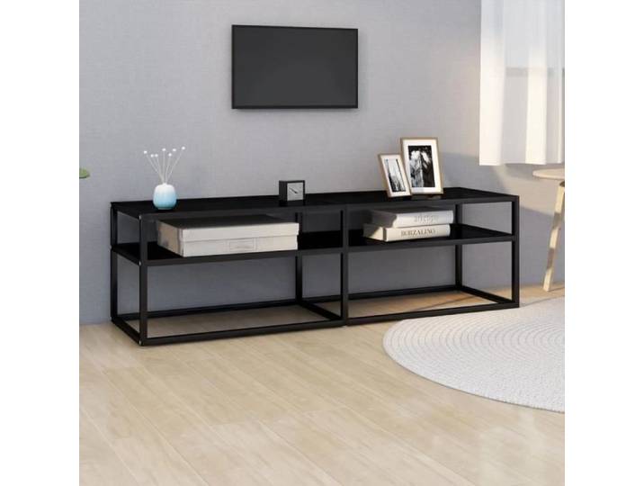 Meuble TV - V GEBY - Noir - Verre trempé - 140x40x40 5cm - Design contemporain