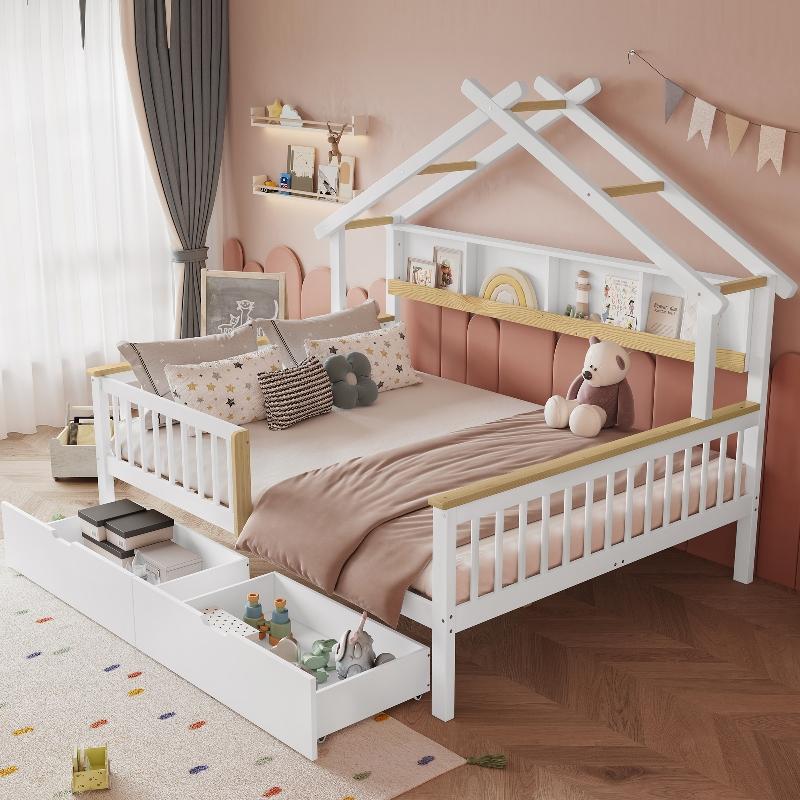 Kinderbett 140x200 cm Weiß Natur aus Kiefer, MDF mit Fallschutz, Dachdesign und 2 Schubladen für Kinderzimmer