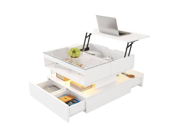 Table basse - Design Lift-Top - Éclairage LED 16 couleurs - Verre et acrylique - Blanc