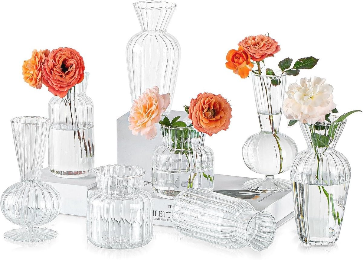 Set van 8 kleine glazen vazen voor bloemen en woondecoratie
