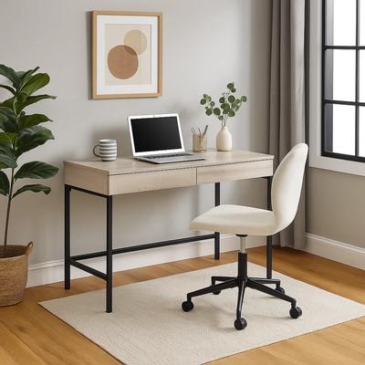 Benjara Wooden Desk with 2 Drawers and Metal Frame, Washed White and Black