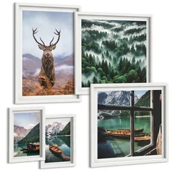 BILDER SET 5er Set - 50x50 cm & 20x30 cm & 40x60 cm Weißer Rahmen - Nebel auf dem Bergsee, Bootsfahrten, Nebel