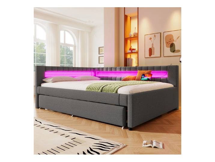 Odikalo Schlafsofa Ausziehbett Daybett Tagesbett USB Scrollrad 90/140x200cm Beige/Grau