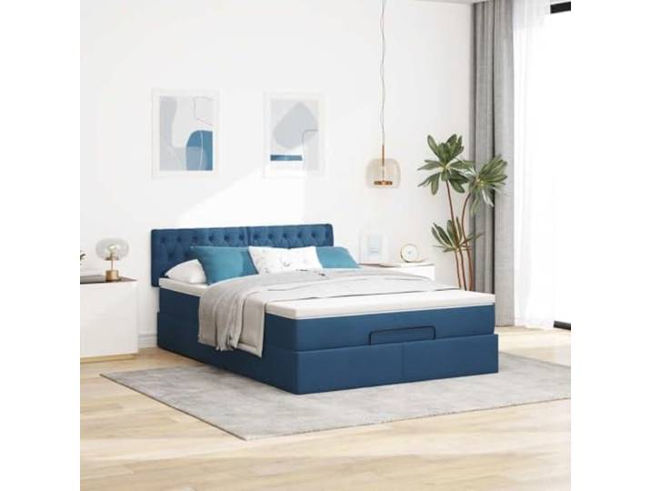 KTHLBRH Boxspringbett 140 x 200 cm Blau mit Federkernmatratze Hydraulisches Heben, Stauraum, Matratzenbezug inklusive, Struktur aus Stoff