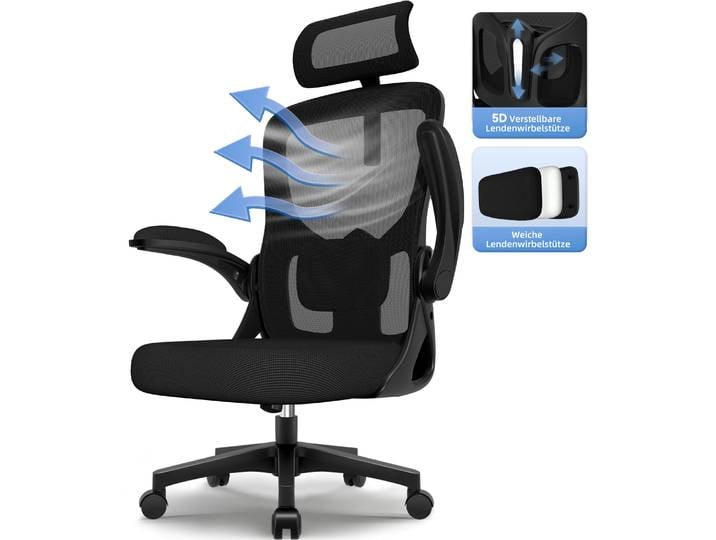 Hiazurm Chaise de bureau, chaise de bureau ergonomique avec support lombaire 5D, chaise de bureau pour la maison avec accoudoirs pliables, chaise de bureau ergonomique pour le cou/dos/lombaire, chaise