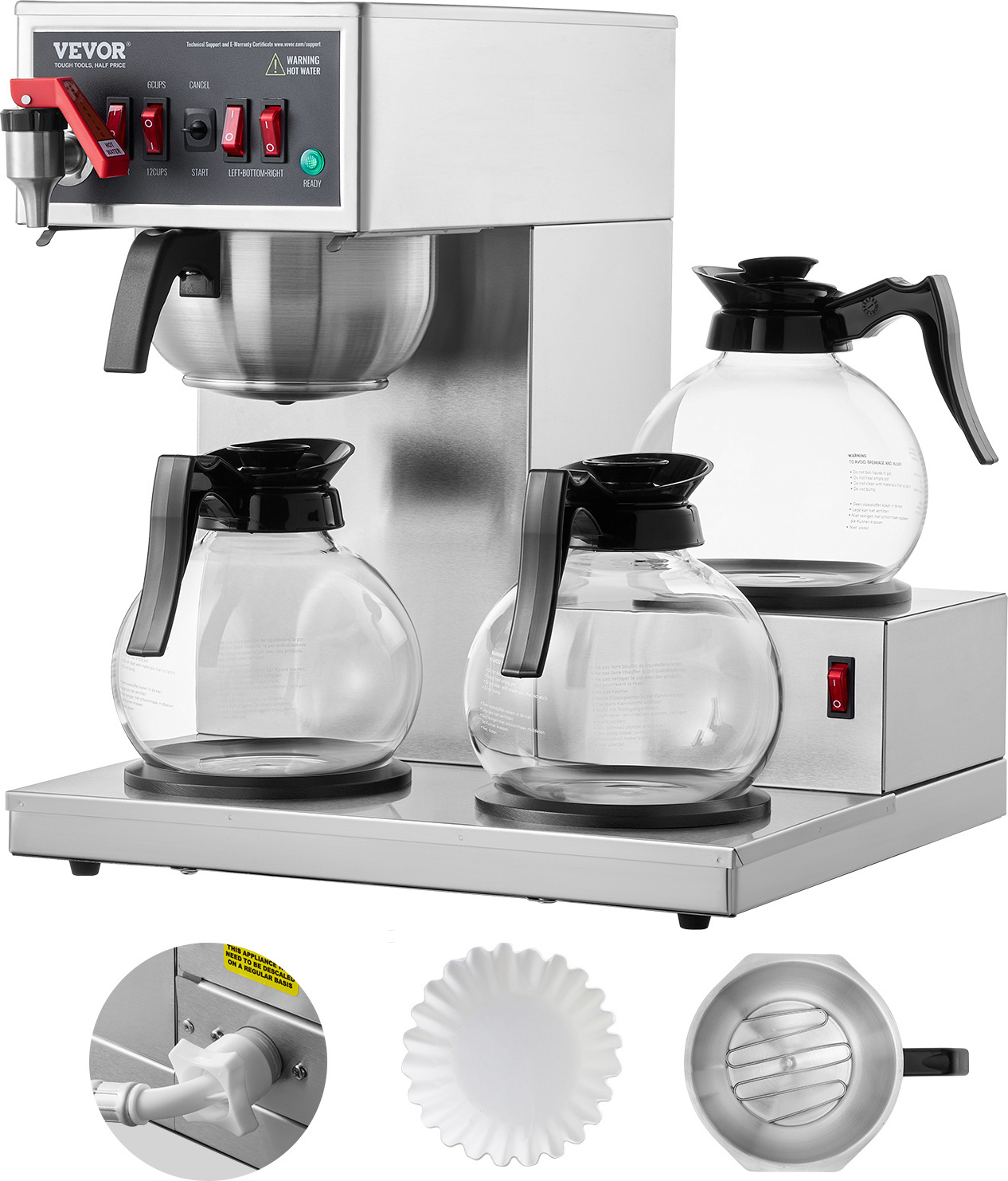 SucceBuy 12 Tassen kommerzielle Filterkaffeemaschine, 3 Glaskaraffen und 3 Warmhalteplatten, Kaffeemaschine aus Edelstahl für Restaurant, Büro, Café