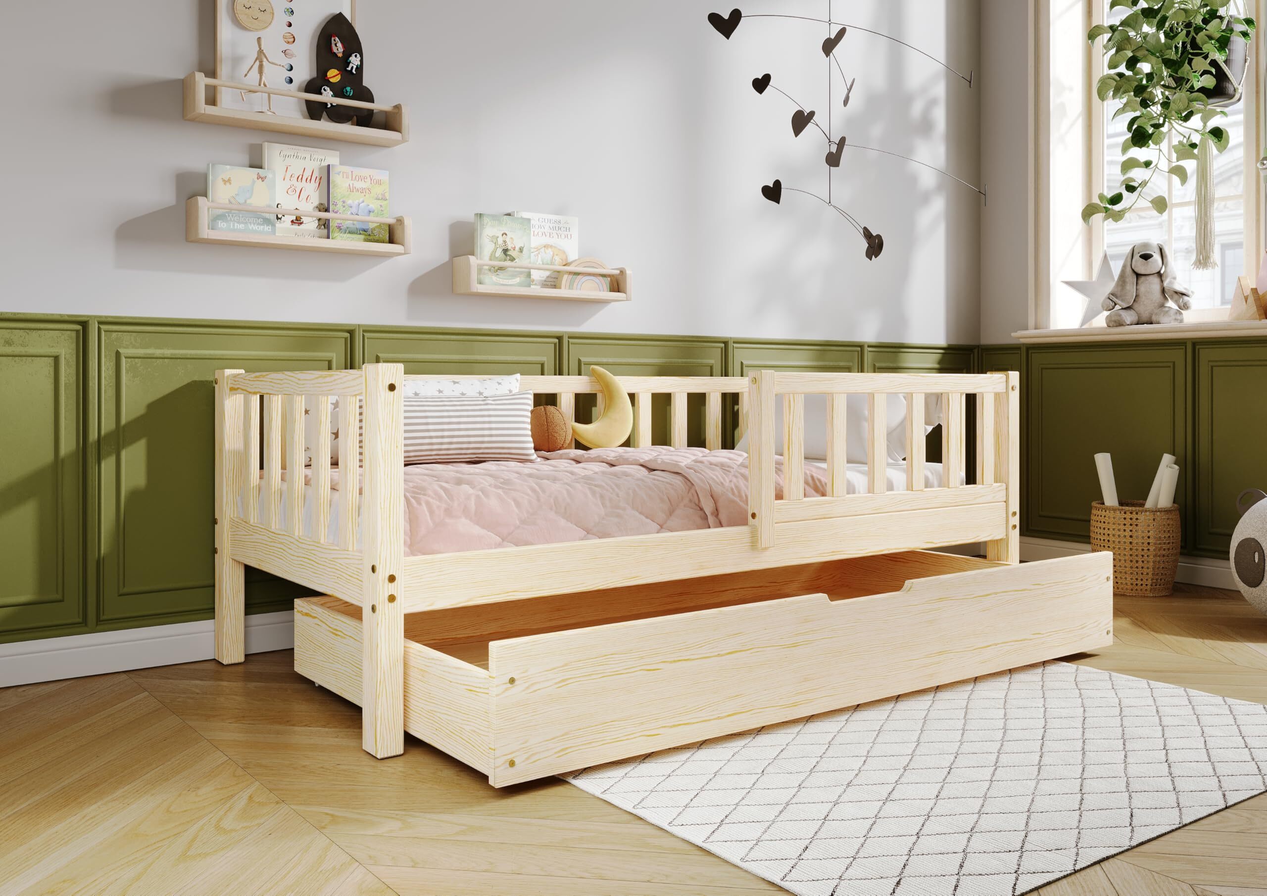 TIMBEE LENA Box Kinderbett Holz Bett mit Schublade - Unlackiert - 90x180cm