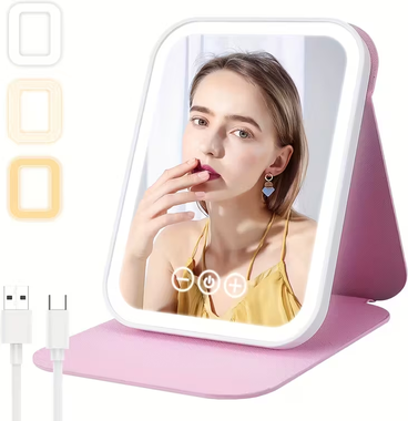 Fusion Finds Portable LED Makeup Mirror With 3 Color Lights, Touch Screen & USB Rechargeable Travel Vanity Mirror pink
