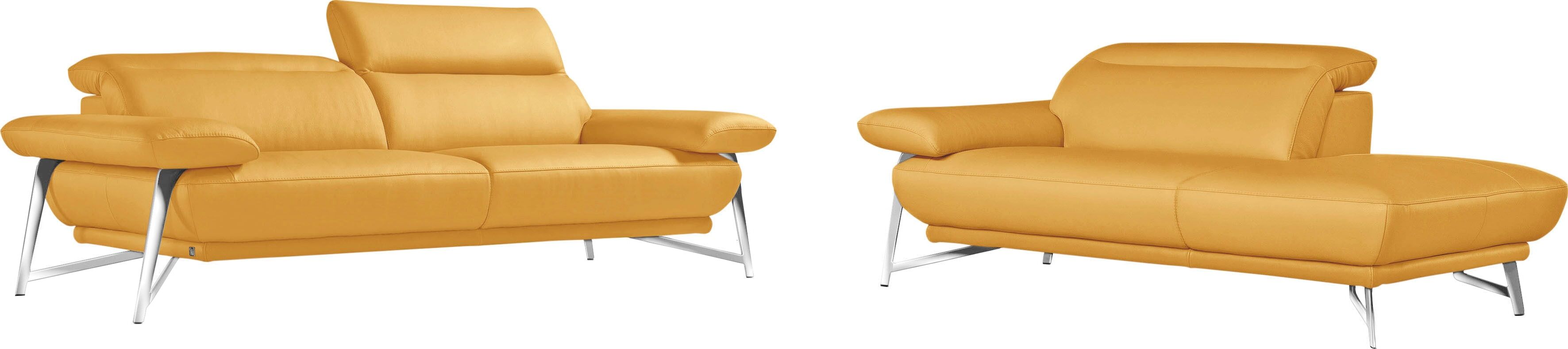 Sofa EGOITALIANO "Anais, erstklassiger Sitzkomfort, Fußfarbe chrom", gelb, Sofas, Leder BULL, Ottomane Armlehne links, Set, Kopfteil verstellbar, Leder BULL, gelb