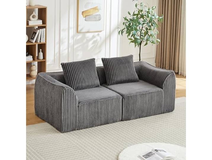 Switdo Cord-Modulsofa 4-Sitzer Grau mit sanft abfallender Lehne Fünf Kissen mit sanft abfallender Rückenlehne aus Cord