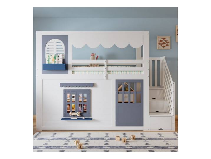 Odikalo Hochbett Kinderbett mit Rausfallschutz Hausdesign Wellen Dachkante 90x200cm (mit Stauraumtreppe, zu öffnender Tür und Fenstern, mit seitlichem Stauraum für Kinderzimmer)