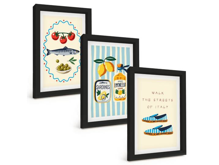 BILDER SET 3er Set - 20x30 cm Schwarzer Rahmen - Italienische Aromen und Lifestyle-Bilder