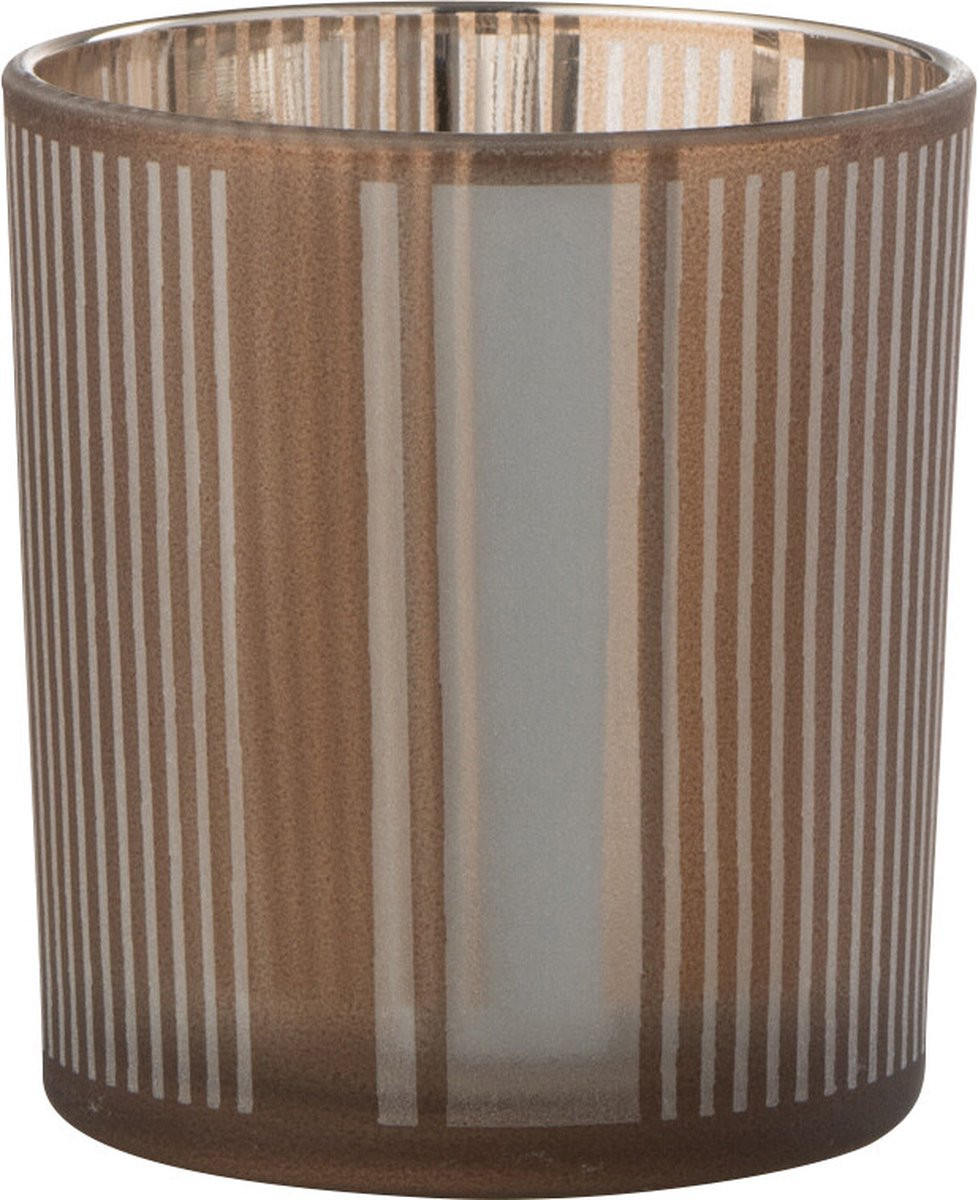 J-Line Windlicht Strepen Waxinelichtjeshouder - Glas - Bruin/Wit - Small