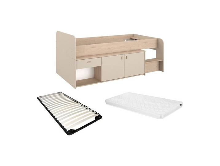 Lit mi-hauteur 90 x 190/200 cm avec rangements – Beige et naturel + Sommier + Matelas - LUNOBI