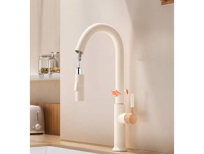 Robinet extractible en bois crème, tout en cuivre chaud et froid, robinet d'évier rotatif rétractable pour lavage des légumes de cuisine
