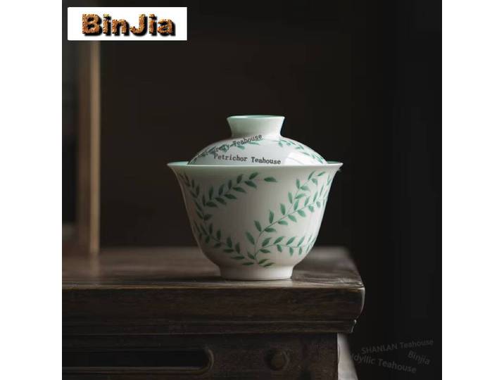 Gaiwan-Vigne verte peinte à la main, glaçure verte turquoise vintage, soupière à thé, couvercle de brassage, bol, accessoires de thé, artisanat, 125ml