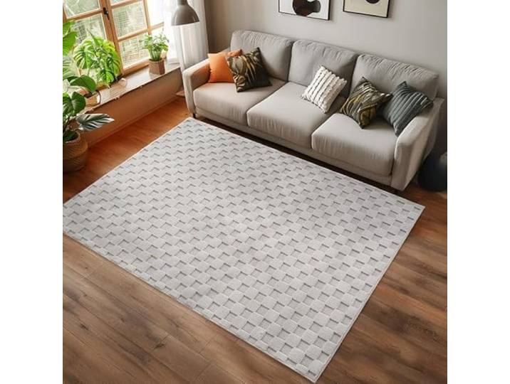 LIVUM Tapis de Chambre Moderne\, Design en Relief\, Style Minimaliste\, Poils Bouclés (Damier Crème\, 120x170cm)