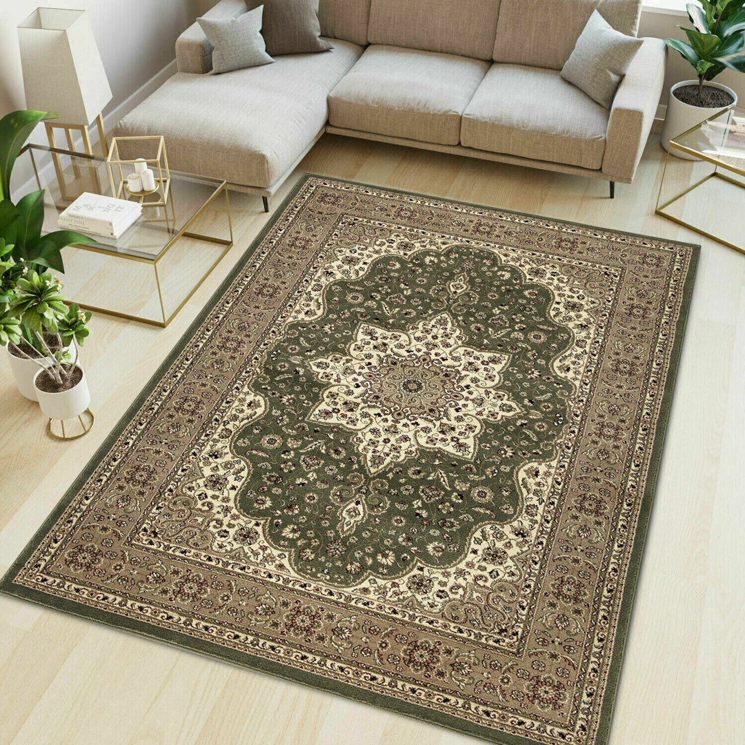 Rosalind Wheeler Braegger Floral Area Rug Green/Brown Round 120cm