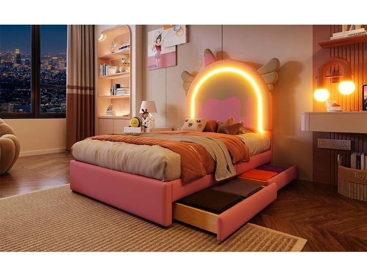 Furnishings Home Polsterbett Kinderbett Stauraumbett LED (Mit 2 Schubladen), Cartoon Einhorn-Form, Mit LED-Beleuchtung, Kunstleder, 90x200 cm