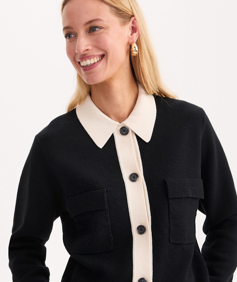 ANNE WEYBURN Cardigan col polo, en interlock de coton et laine, bicolore