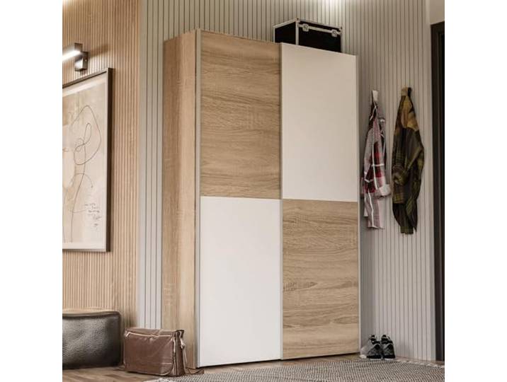 Forte OZZULA Kleiderschrank 120, 2-türiger Schwebetürenschrank, Einlegeböden und Kleiderstange, Holzwerkstoff, Sonoma Eiche Holzdekor, Weiß, 120,1 cm breit, 190,5 cm hoch, 41,6 cm tief
