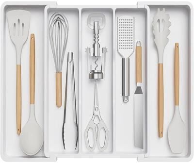 Uplifted Finds Obsidian Expandable Tray   Precision Retractable Silverware Nexus   Executive Studio & Culinary Sanctuary Decor white No Tableware