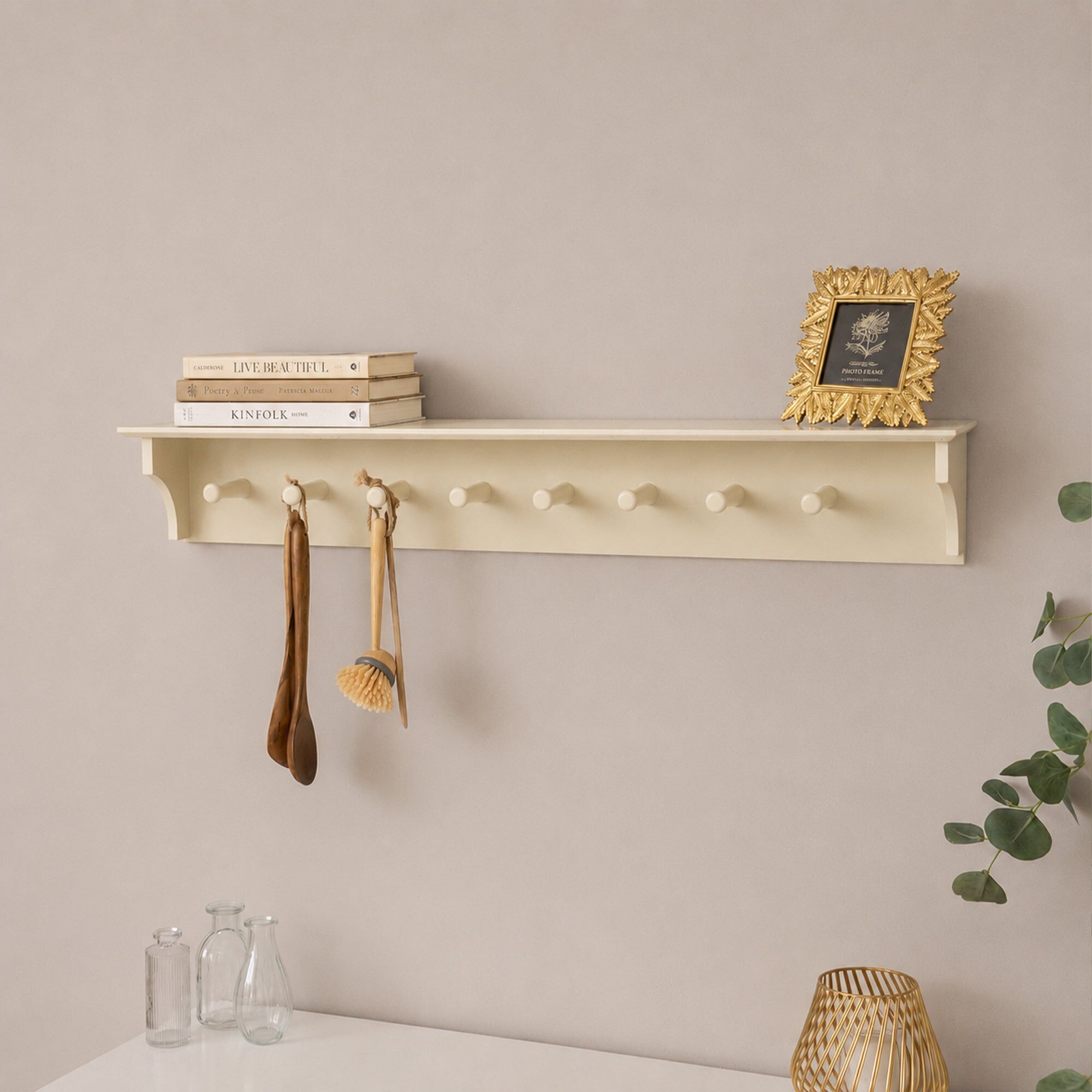 Large Ivory Wooden Wall Shelf with Hooks - 100cm Material: Home Decor & Accessories/Shelves & Storage