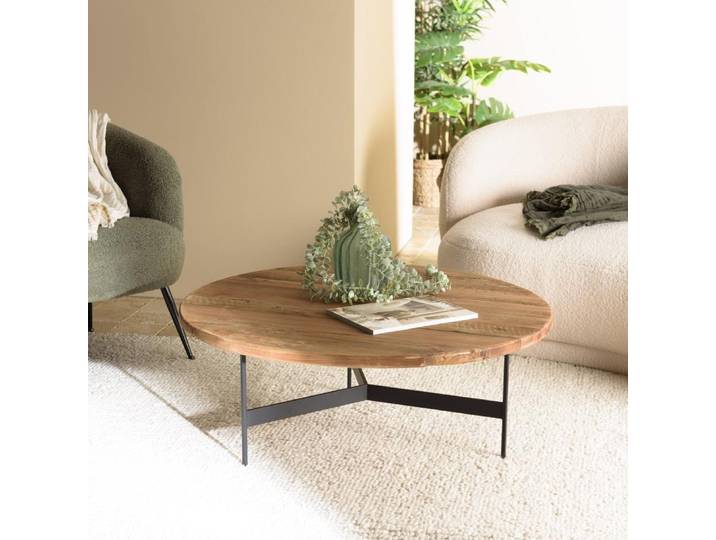DANDY - Table basse ronde 90x90cm bois Pin recyclé et pieds métal noir DANDY