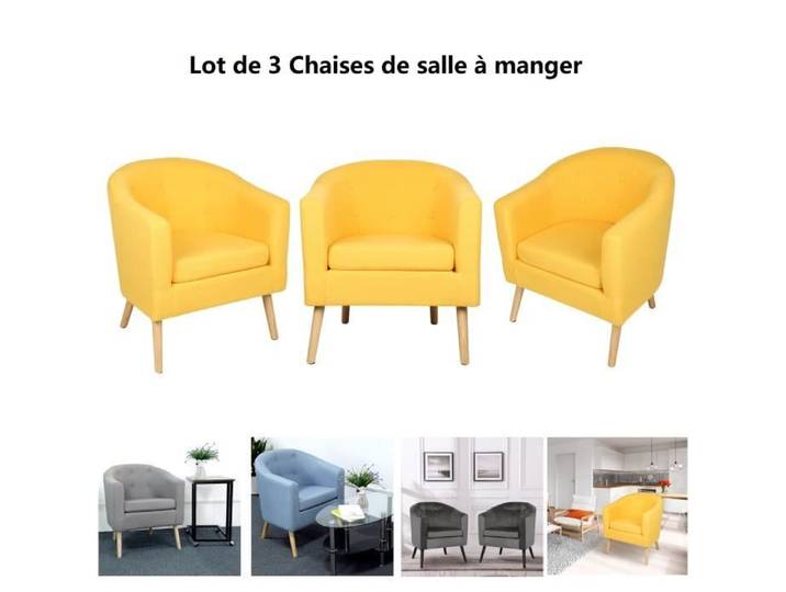 Lot de 3 Fauteuils Scandinaves Jaune WILLONIN® en Tissu et Bois Massif
