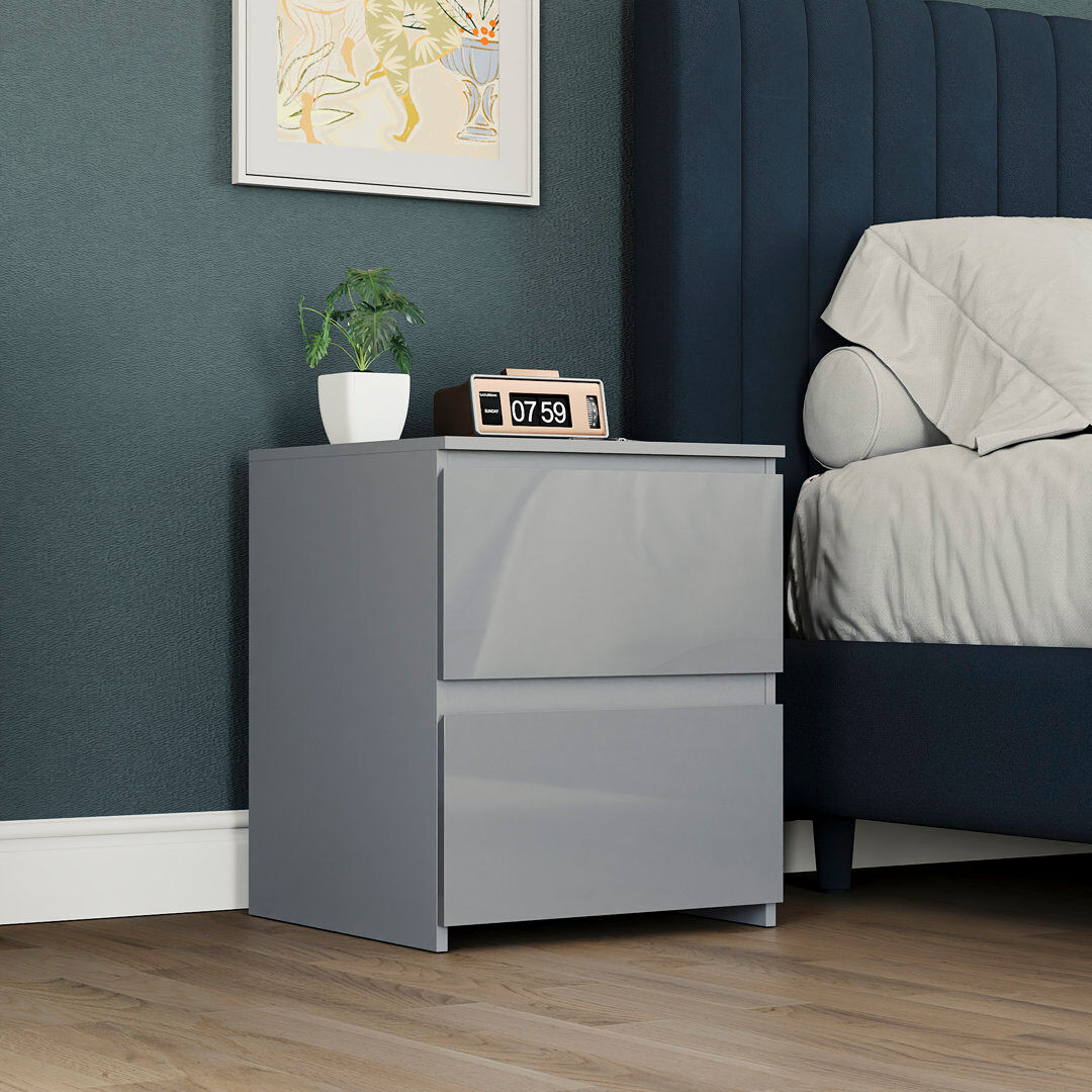 17 Stories Oslo 2 Drawer High Gloss Bedside Chest (FSC 100%) Bedroom Home Bedside Furniture Grey 50cm H X 40cm W X 35cm D