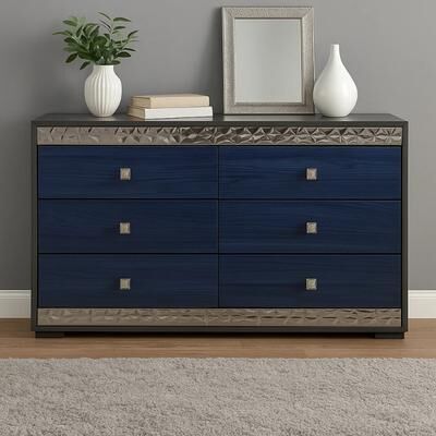 Benjara Cote 6 Drawer Dresser, Ash Gray, Indigo Blue Solid Wood, Chrome