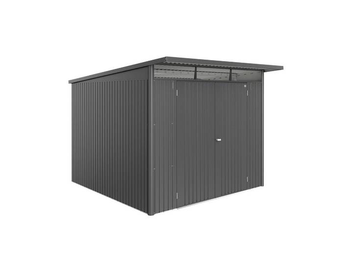 Biohort Gerätehaus, Dunkelgrau, Metall, 260x218x300 cm, Dachvorsprung, 2-fach-Verriegelung mit Zylinderschloss, regenwasserdicht, Gartenzubehör, Geräteschuppen