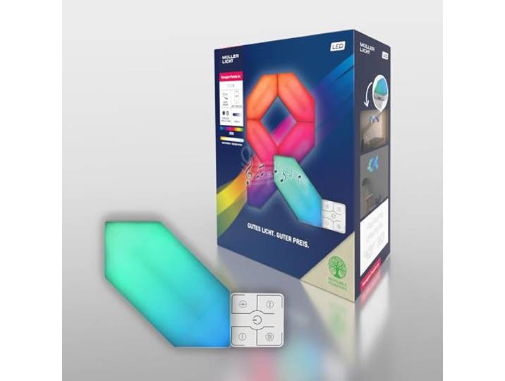 Müller-Licht Magic Panel LED Wand- und Deckenleuchten mit WLAN, 6 hexagon RGB mit music sensor, steuerbar per TUYA Smartphone-App, individuelle Montage