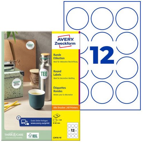 AVERY Zweckform 120 Etiketten L3416-10 weiß 60,0 x 60,0 mm