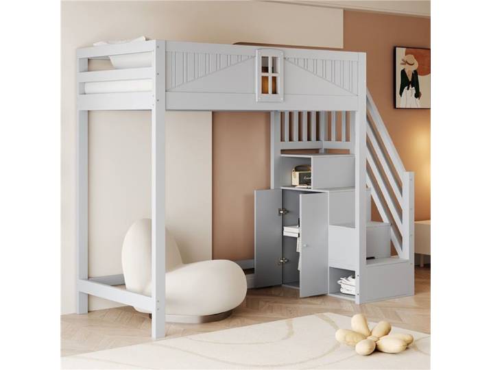 Lit mezzanine bois massif 90x200 avec porte fenêtre sécurité échelle réversible et rangement intégré gris
