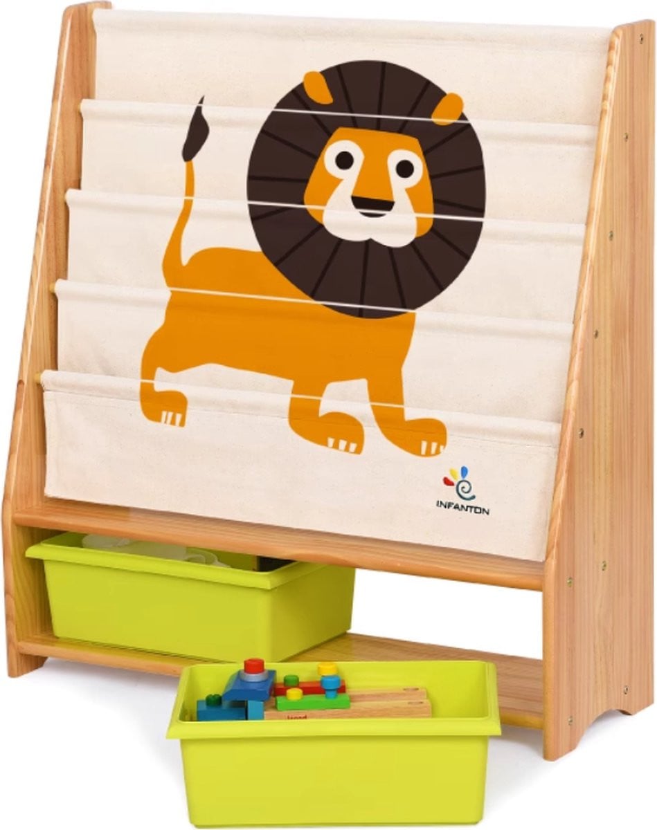 WonderWild Montessori Kinderboekenkast Tijger - Massief Houten Kinderboekenrek met 2 opbergbakken