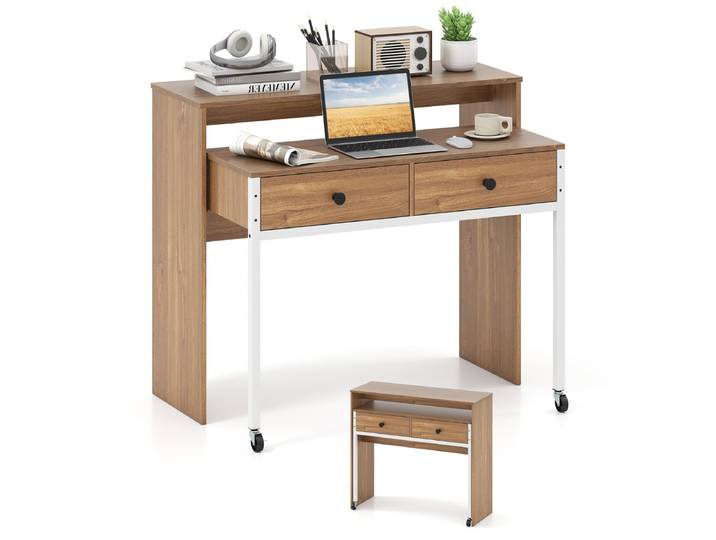 Uittrekbare Bureau Kleine Computertafel met 2 Lades en Wielen 100 x 63 x 88 cm Natuur