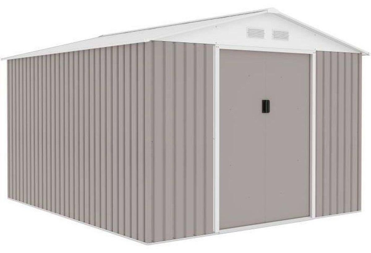 ARCHER Geräteschuppen 8,84 m² aus verzinktem Stahl, taupe, 2 Schiebetüren mit Schloss, Erdanker-Set, belüftet