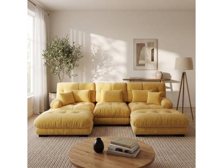 SoarTalent Modulsofa 3-Sitzer 313 cm mit 2 Hockern, Modular in U-Form, Chenille-Stoff, Holzgestell, Gelb
