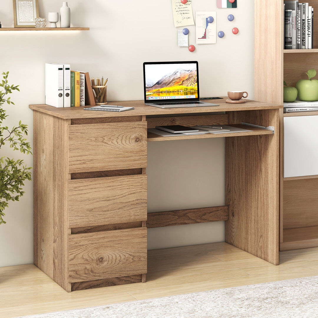 17 Stories Computer Desk W/ Power Outlet & Keyboard Tray 106 X 50 Cm Natural Yellow 75cm H X 106cm W X 50cm D