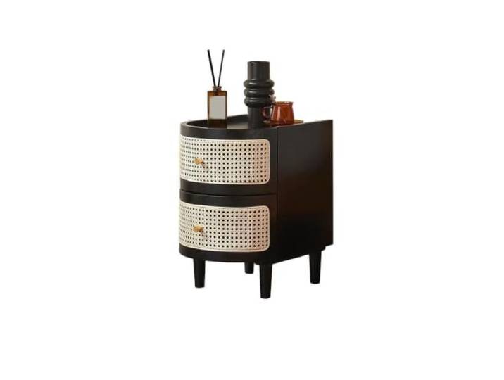 Moderner Nachttisch Nachttisch mit Stauraum aus Holz und Rattan Filigrane Metallknöpfe, schlanke Beine for eine stabile tägliche Platzierung