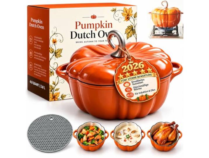 Kürbis Bräter, Emaillierter Gusseisen Topf für Suppen & Eintöpfe (Gelb,B-25cm)