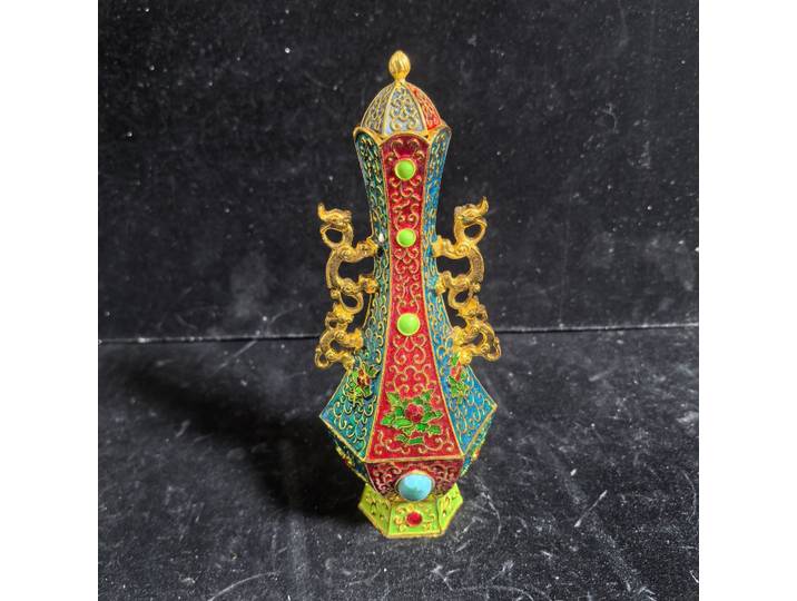 Vase hexagonal antique artisanal incrusté de vase turquoise, ornement exquis en cuivre pur